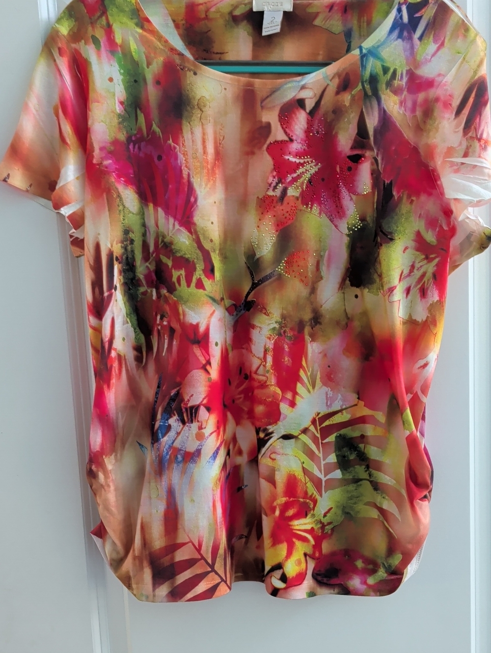 Chico's Multicolor Floral Watercolor Short Sleeve Top - Pink, Green, Yellow